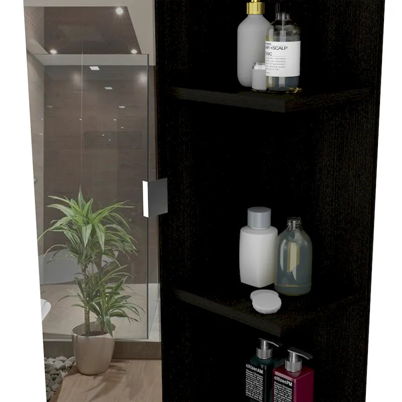 Armoire de toilette avec miroir, quatre étagères intérieures, finition wengé noir