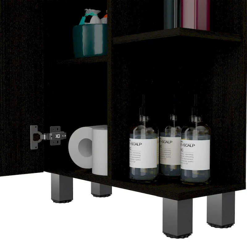 Armoire de toilette avec miroir, quatre étagères intérieures, finition wengé noir